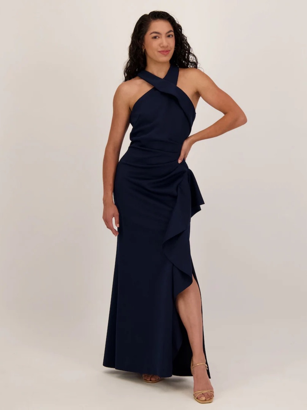 Xscape Navy One-Shoulder Ruffle Gown